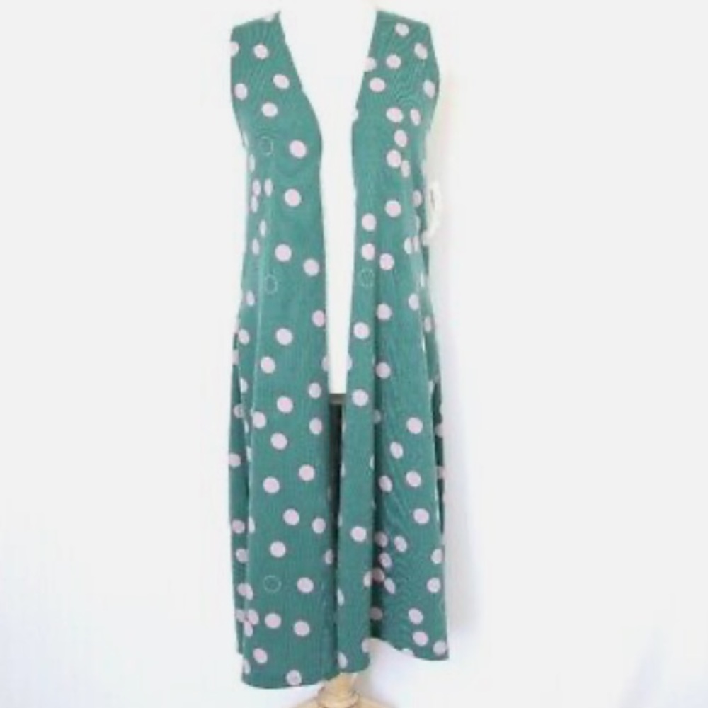 💓💚 Lularoe Joy Green Polka Dot Sleeveless Cardigan Vest Duster size Large💚💓